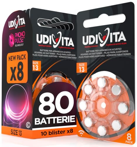 80 Pilas para Audífonos Tamaño 13 Naranjas PR48 Udivita Zinc Aire Tensión Estable Larga Duración Compatibles con Todos los Dispositivos - 10 Blister de 8 Pilas
