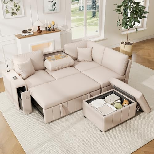 Divano ad angolo convertibile e estensibile, divano letto, divano a 3 posti, moderno con porte USB e Type-C, divano per soggiorno in L, pouf portaoggetti, tavolino pieghevole, lampada da lettura e 2