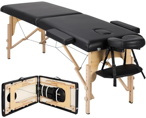 Yaheetech Multi-Functional Massage Bed Folding Beauty Bed Spa Salon Therapy Couch with Adjustable Wooden Legs 2 Sections Black