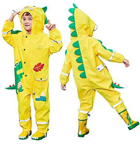 JinBei Chubasquero Niños Chico Dinosaurio Amarillo Impermeable Poncho de Lluvia Siamesa Encapuchado Dibujos 3D Animados Contra Viento y Lluvia al Aire Libre Transpirable Ecológico 2-4 Años
