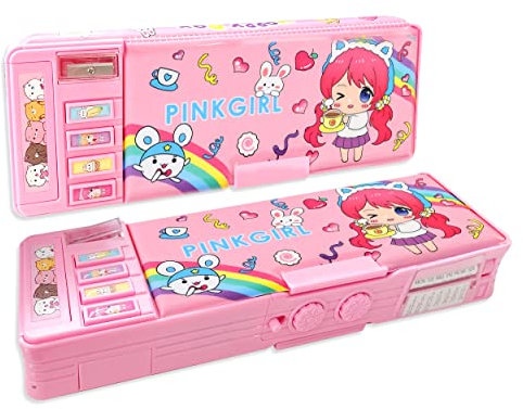 Ristpal Pop Up Multifunction Pencil Case for Girls, Cute Cartoon Pen Box Organizer Stationery with Password Lock, Sharpener, Schedule, Whiteboard, School Supplies