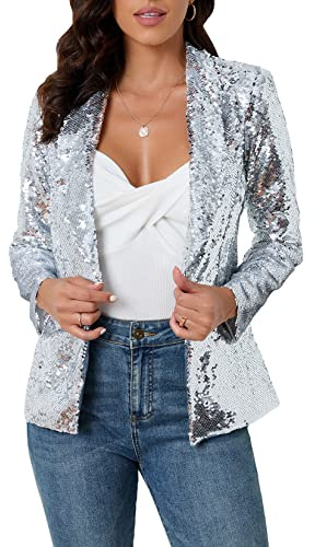 IWFEV, blazer da donna con paillettes, a maniche lunghe, con apertura frontale, con scollo a scialle, cardigan, Argento, XL