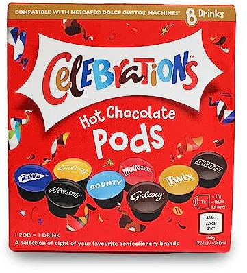 Celebrations - Cápsulas de chocolate caliente compatibles con Twix, Marte, Bounty, Snickers, Galaxy, Malteser, Vía Láctea y Galaxy Caramel (8)