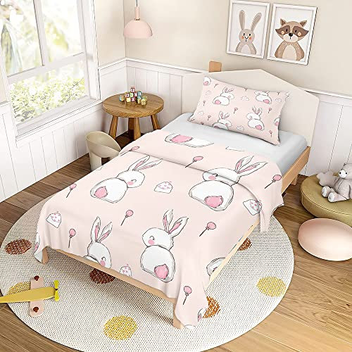 ENEN Parure de Lit 90x190 Enfant, Housse de Couette 90x190 cm + Taie d'oreiller 40x 60 cm, Doux Ensemble de Literie en Microfibre Rose Dessins Animés Lapin Housse Couette