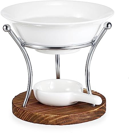 BSTKEY Quemador de cera de madera de metal con cuenco de cerámica, difusor de aroma decorativo, quemador de cera para velas de té (plata)