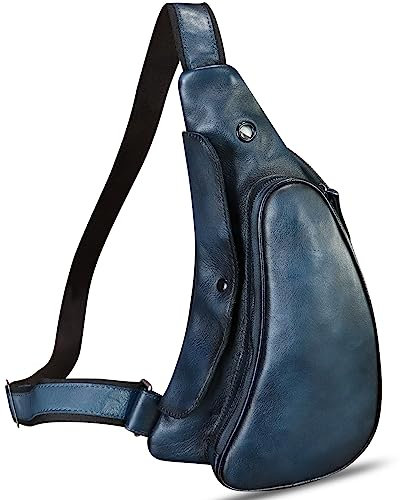 Echtes Leder Sling Bag Retro Crossbody Sling Rucksack Handgemachte Brust Geldbörse Daypack Radfahren Fanny Pack Zurück Tasche, Marineblau, Medium