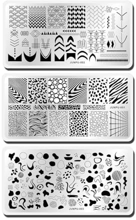 3Pcs Nail Stamping Plates, Geometric Swirl Leopard Pattern Nail Art Stamping Plates French Nail Stamp Plate, Plaid Stripes Line Designs Nail Stamper Templates Nail Stamping Kit Reusable Nail Art Tools