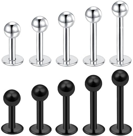 Besyvvin 10 Pièces 16G Piercing Labret Lèvre Piercing 4mm 6mm 8mm 10mm 12mm Acier Chirurgical Labret Studs Piercing Tragus Helix Cartilage Femme Homme Bijoux de Piercing