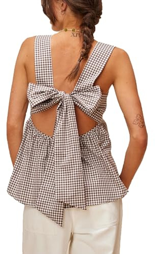 Women Ruffle Hem Peplum Tank Tops Summer Sleeveless Plaid Tie Back Crop Top Gingham Camisole Square Neck Backless Vest (Plaid Brown, S)
