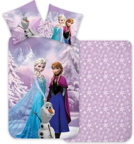 BrandMac Juego de ropa de cama Frozen 100% algodón, funda nórdica para cama pequeña 100 x 135 cm + funda de almohada 40 x 60 cm, reversible, con Elsa, Anna y Olaf