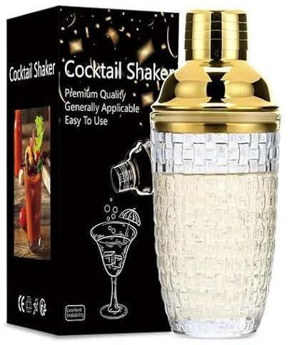 Dzmuero Cocktailshaker, kall kaffeskakare, stål shaker, glasblandare, lock i rostfritt stål, med filterfunktionslager, förseglad och hållbar, för hem och bar (guld 1)