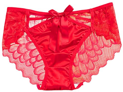 ZooChest Women's Red Lace Panties, Satin Knickers, Low Rise, French Cut, Bow Detail, See Through, Size M, 1 Count