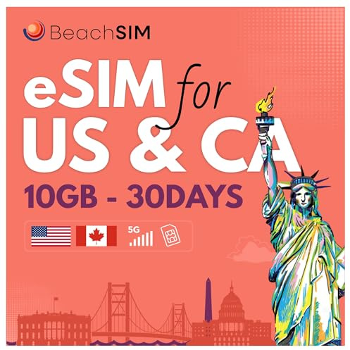 BeachSIM Solo Dati Prepagata eSIM Canada 30 Giorni | 10GB Dati 4G/5G ad Alta Velocità | Roaming Gratuito Negli USA | Attivazione Rapida Online | Compatibile con Dispositivi iOS e Android Sbloccati