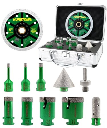 Punte Diamantate Gres Porcellanato 11 Pezzi - KURSTOL 6/8/10/20/25/35/50mm+20mm Fresa+50mm Punte Smusso+125mm Disco Diamantato+Adattatore per Porcellana Piastrelle Ceramica Marmo Granito