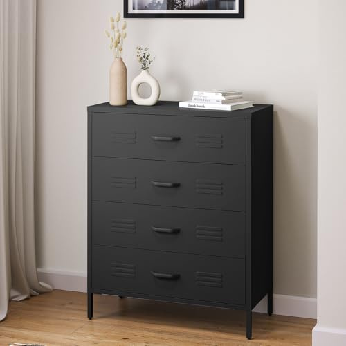 skølm Atria Kommode 100x80x40 cm, mit 4 Schubladen, Schwarz, Metallschrank