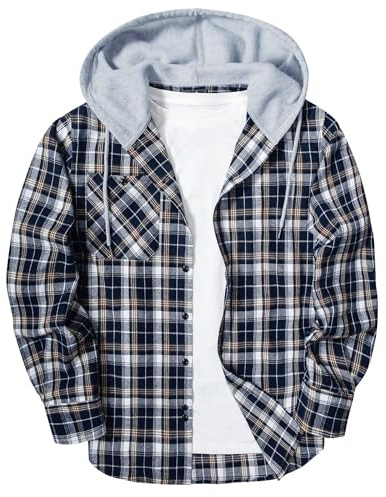 SwissWell Chemise Flanelle Homme à Capuche Chemise à Carreaux Manches Longues Veste Chemises de Bûcheron Travail,D117 Bleu Foncé Blanc,3XL