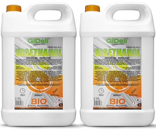 GiDeli Bioetanol - 2 x 5 l de aroma a naranja 96,6% etanol para chimeneas interiores y exteriores, sin humo ni hollín, de maíz y remolacha azucarera