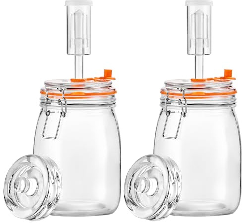 Glolaurge 1.1L Fermentation Jar Kit (2 Pack) with Airlock & Glass Weight, Wide Mouth Fermenting Jar for Sauerkraut, Kimchi & Pickles, No Burping Required