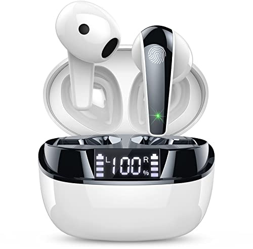 Doubc Auricolari Wireless Bluetooth 5.3, Cuffie In Ear Senza Fili con Audio Stereo HiFi, 47 Ore di Batteria, ENC Riduzione Rumore, Display LED, USB-C, Controllo Touch, Colore Bianco e Argento