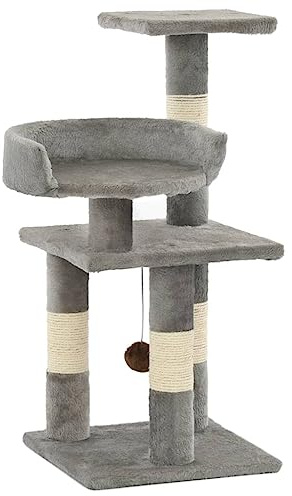 Mangloder Arbre à chat avec colonnes en sisal Gris 65 cm Arbre d'escalade en peluche avec balle de jeu, plateformes, grotte et zones de repos pour grimper, gratter, jouer et se détendre dans