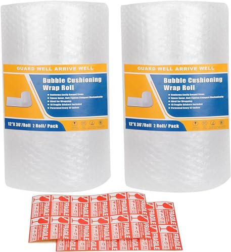 Cymax Luftpolsterfolie für Umzüge und Verpackung, 300 mm x 22 m, perforiert alle 30 cm, 20 zerbrechliche Aufkleber enthalten, 2 Rollen