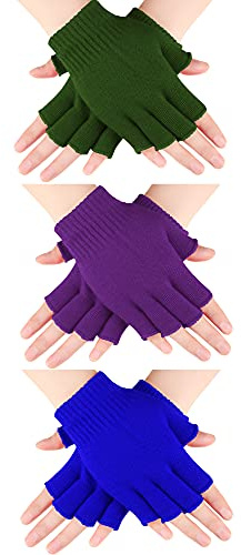 SATINIOR 3 Paia Guanti Mezze Dita Maglia (Viola, Blu, Verde Militare)