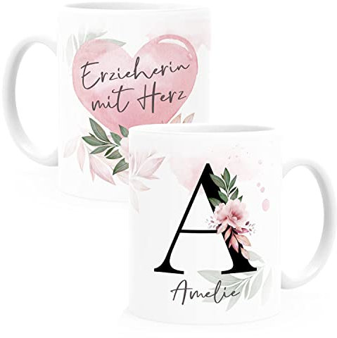SpecialMe® Kaffee-Tasse mit Name und Spruch mit Herz Initiale Monogramm Dankeschön personalisierte Geschenke Erzieherin weiß Keramik-Tasse