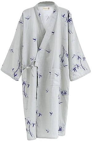 ZooBoo Japanese Kimono Nightgown Bathrobe - Traditional Haori Yukata Style 100% Cotton Spring Summer House Dress Sauna Robe Lightweight Thin Sleepwear for Women Men (M, Men's gray)