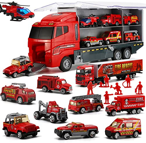 19 in 1 Feuerwehrauto Set, Feuerwehr Spielzeug Fire Trucks im Lastwagen mit 9 Figuren für Kinder ab 3 Jahren
