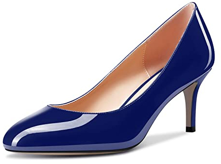 Aachcol Femmes Rond Bout Escarpins Aiguille Mi Talon Heel Slip-on Dress Chaussures Bureau Bleu Marin Vernis 6.5 CM 38 EU