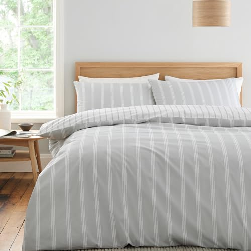 Bianca Ashford Stripe 200 Thread Count Cotton Percale Reversible Super King Duvet Cover Set with Pillowcases Silver Grey