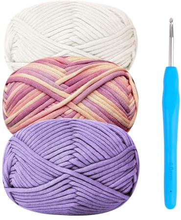 Filato di cotone spesso per uncinetto, 3 x 50 g, per principianti, filato per amigurumi, con uncinetto da 4 mm, kit per uncinetto per principianti, viola