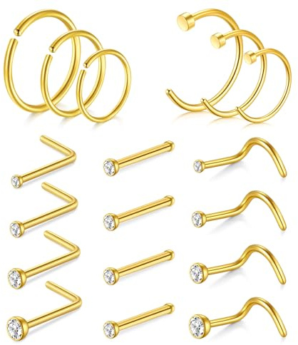 AVYRING Set di piercing per naso, in acciaio chirurgico, con zirconi, per donne e uomini, 22 G, 20 g, 18 G, 20G (0.8mm), Acciaio inossidabile