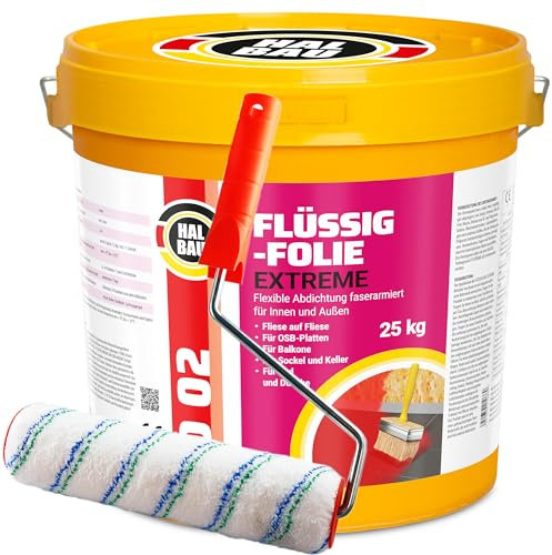 Flytande folie 25 kg för inomhus- och utomhusbruk, fiberförstärkt högelastisk tätning, vattenbarriär under kakel, balkong, dusch + färgroller 25 cm med bygel, halvbyggnadsset D02