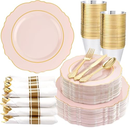 Liacere 350PCS Pink Plates Disposable-PinK Plates 50guest Baroque Plastic Dinnerware include 100Plates, 50Pack Pre Rolled Napkins with Silverware 50Cups Perfect for Wedding ＆ Party & Mothers Day