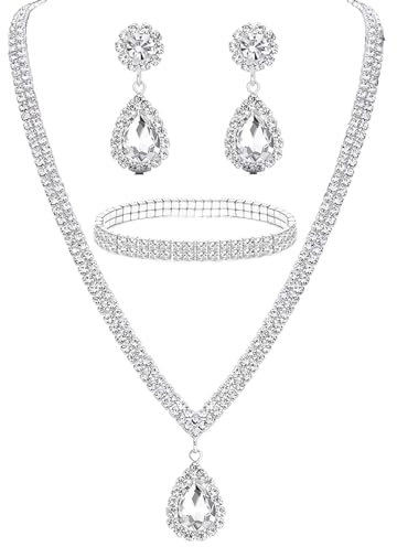 AWAVM Brautschmuck-Set für Hochzeit, Abschlussball, Kostüm, Schmuck-Set, Strass-Kristall, Choker, Halskette, Armband, baumelnde Ohrringe, Set für Braut, Frauen und Mädchen, Einheitsgröße, Metall, Kein