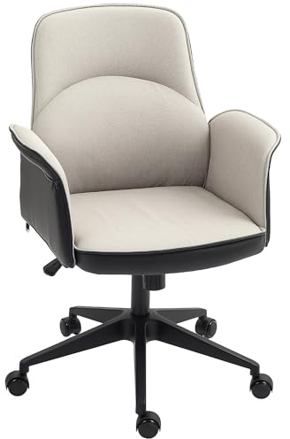 HOMCOM Silla de Oficina Basculante Silla de Escritorio Giratoria Tapizada en PU y Lino Altura Ajustable Reposabrazos Silla de Estudio Carga 120 kg Beige y Negro