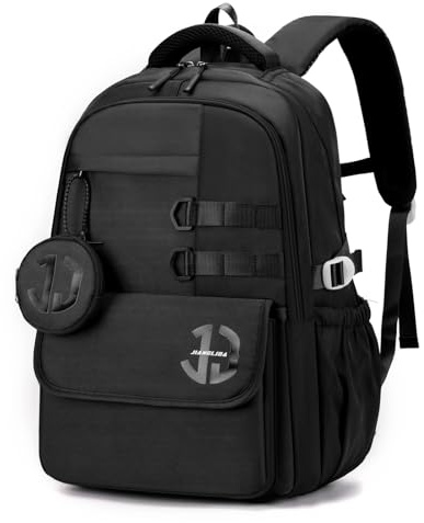 JANSBEN Wasserdichter Schulrucksack für Teenager Jungen und Mädchen, Mehrfachfach Design für Schule und Reisen, Schultasche Ideal für 5 Klasse Schwarz