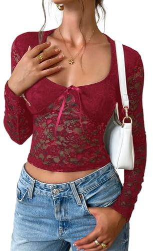 YNIQUE Blusa Elegante in Pizzo per Donna, Top Trasparente a Motivo Floreale, Manica Lunga Sexy, Clubwear Tunica Top