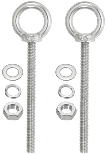 TA-VIGOR 2Pcs M10 x 100mm Lifting Long Eye Bolt, 304 Stainless Steel Wall Expansion Anchor Bolts, Masonry Concrete Screws Shoulder Eyebolt Lifting Ring with Nuts Washers for Hanging Hammock Article