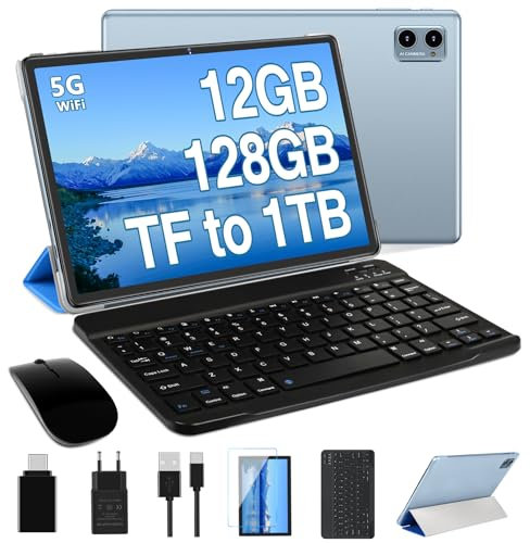 DEERTiME 2025 Newest Tablet 10 Pulgadas Android, 12 GB RAM+128 GB ROM(TF 1TB), 5G+2.4G WiFi, 8 Core 2.0 GHz, BT 5.0, Widget, 6000 mAh, 5+8MP, Certificada GMS Tableta con Teclado + Funda - Azul