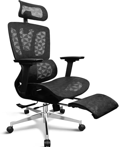 MELOKEA Silla de Oficina Ergonómica con Reposapiés, Reposabrazos 4D, Profundidad de Asiento Ajustable, Inclinación de 4 Niveles, Respaldo Alto, Silla de Escritorio 150 KG, Malla Transpirable