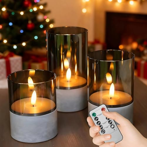 CAUTIOUS 3 Piezas Vidrio Gris LED Velas con Mando, Regulable Velas Sin Llama 10cm/12.5cm/15cm, Velas de Pilas Gris con Temporizador Remoto para la Decoración Casera del Partido, Boda, Navidad