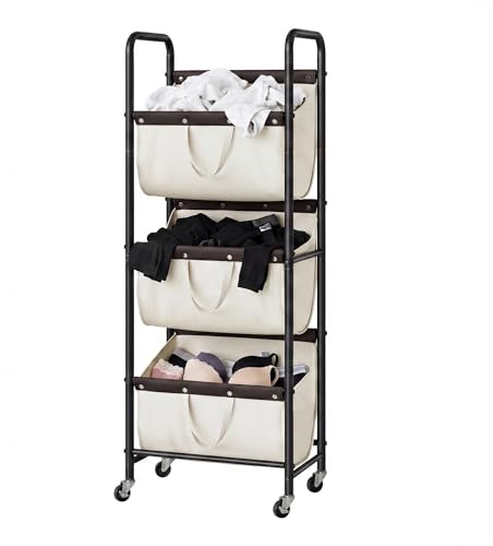 GRANNY SAYS 3 Tier Laundry Sorter, Laundry Basket with Wheels, Laundry Room Organization and Storage, 3 Section Rolling Laundry Cart for Dorm, Bathroom, Bedroom, Closet, Beige