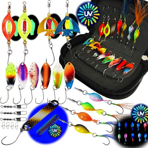 Neu Alle Forellen Köder Neuheiten 2025 in Einer Spoon Tasche | Forellen Set 15 Spoons Forelle 2g, 3g, 3,5g, 4g | Uv-Aktive Forellenköder für jedes Wetter und Wasser | Angelzubehör Trout Spoon Angeln