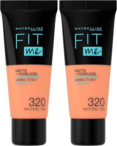 Maybelline New York, Base de Maquillaje que Calca a tu Tono Fit me! Mate y Afinaporos, Color: 320 Natural Tan (Paquete de 2)
