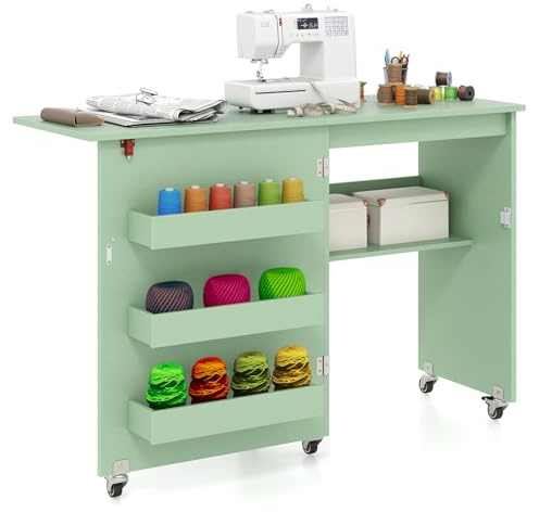COSTWAY 2 en 1 Mesa Maquina de Coser Plegable, 116x40.5x78cm, Mueble Maquina Coser con 3 Compartimientos Ocultos y Estante, Escritorio Móvil con 5 Ruedas Bloqueables, Ahorro de Espacio (Verde)