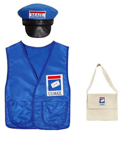 Costume de cosplay pour enfants, tenue de spectacle pour la saison scolaire d'Halloween, jeu de rôle de facteur, gilet, chapeau, sac à dos, ensemble pour garçons et filles (Blue, 11-14 Years)