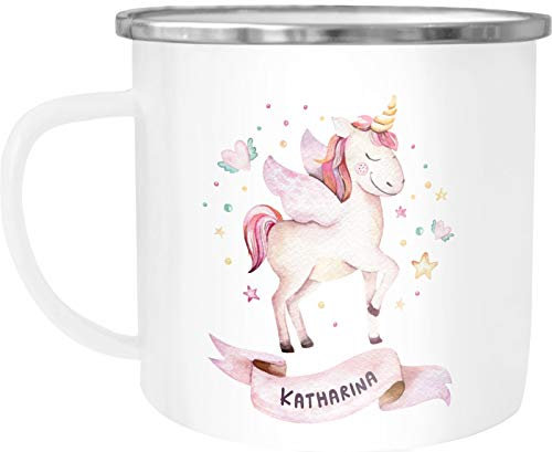 SpecialMe® Emaille-Tasse mit Namen Einhorn Motiv Emaille-Becher personalisierte Geschenke Namensbecher Unicorn weiß-metall Emailletasse