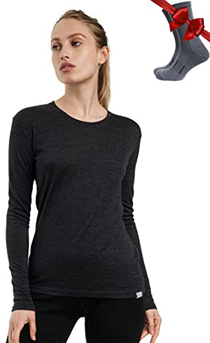 Merino.tech Merino-ull baslager kvinnor – 100 % merinoull tungvikt, medelvikt, lätt långärmad termisk skjorta och strumpor, 165 kolgrå, L